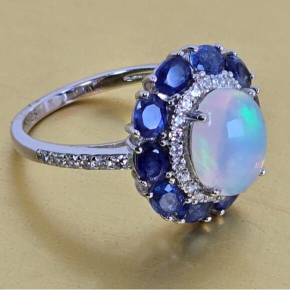 925 Sterling Silver Ring with Natural White Opal 8x10mm & Sapphire Gems - Picture 5 of 15